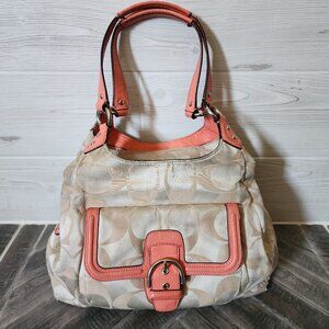 COACH F24742 Campbell Hobo Signature Logo Satchel Beige Coral Shoulder Handbag